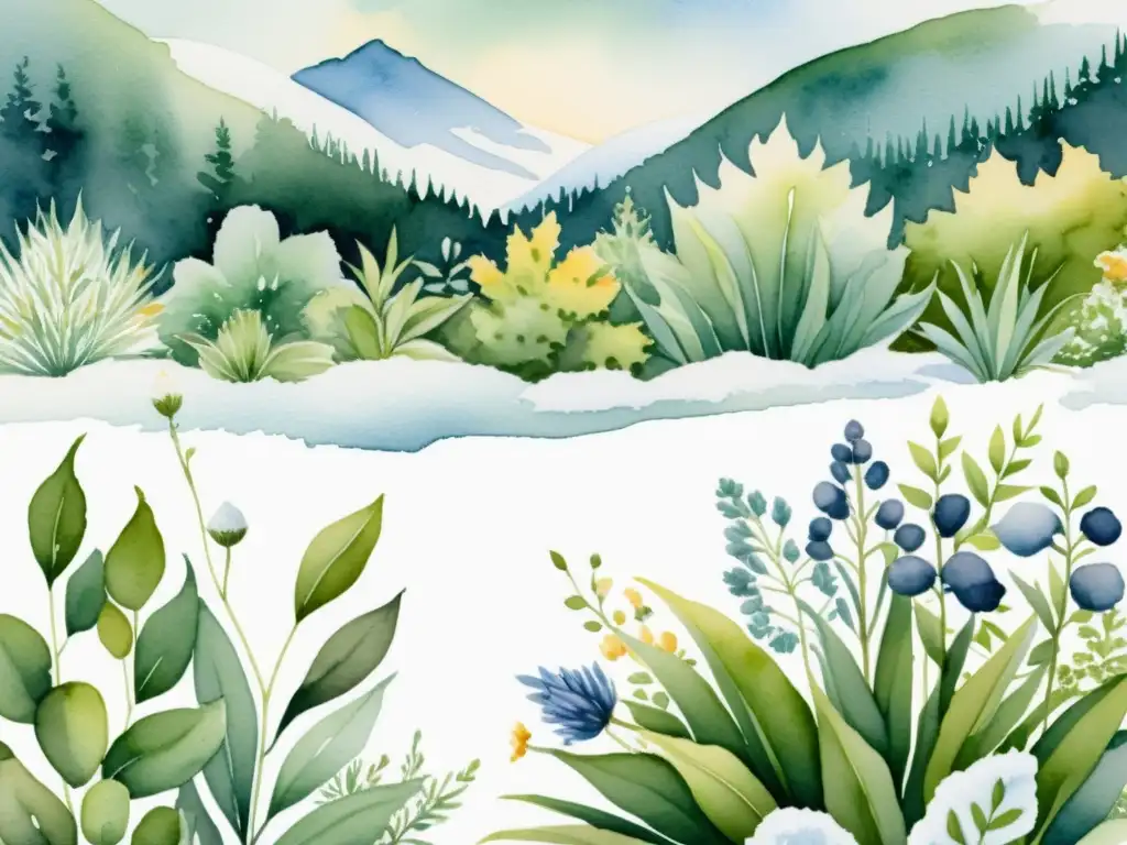 Una ilustración en acuarela serena de un exuberante jardín de plantas medicinales protegidas por la nieve