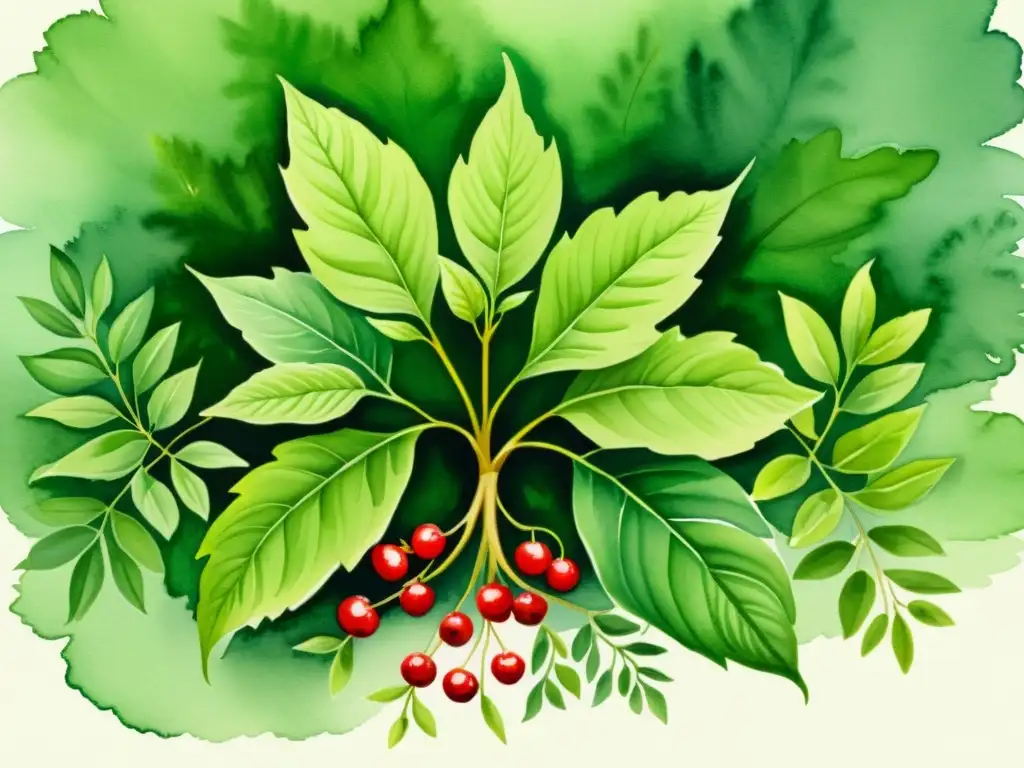 Una ilustración en acuarela serena de una exuberante planta de ginseng verde con vibrantes bayas rojas, en un entorno tranquilo de arroyo y bosque