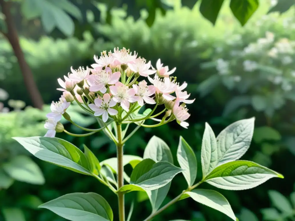 Acuarela serena de una exuberante valeriana con flores blancas y rosadas en un jardín tranquilo, donde las abejas revolotean alrededor