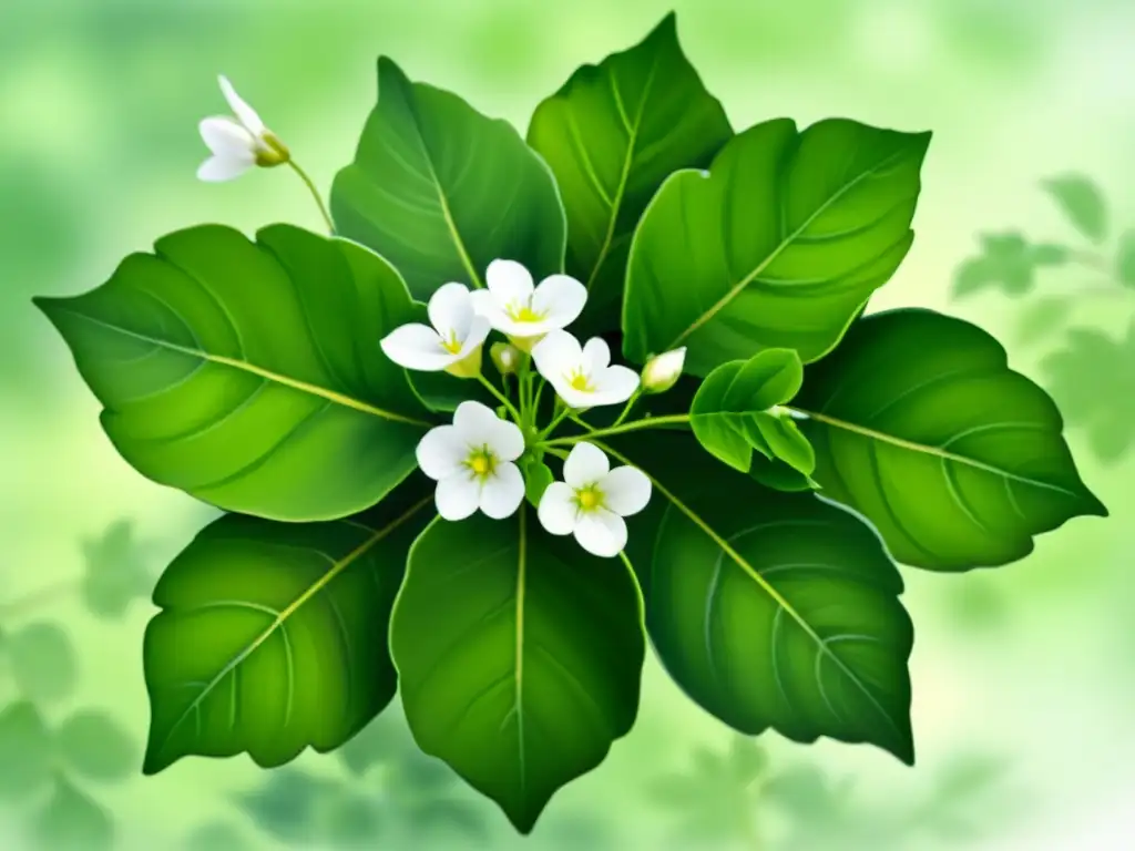 Acuarela serena de planta Bacopa Monnieri con flores blancas, transmite calma y belleza, beneficios cognitivos bacopa monnieri