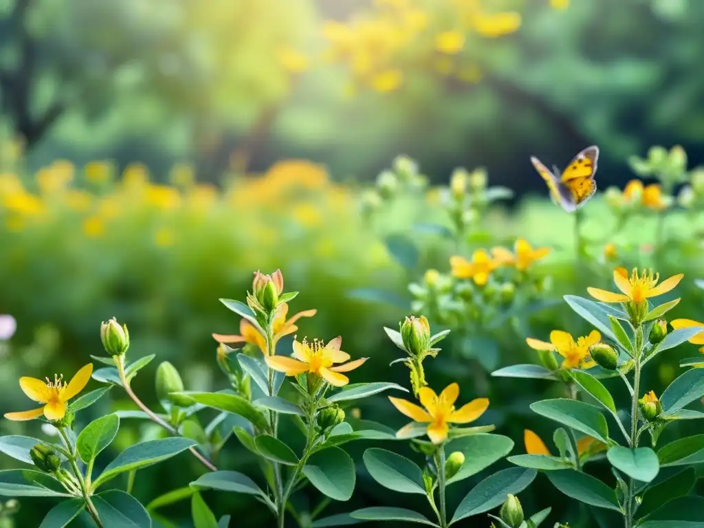 Acuarela serena de Flores de San Juan en un campo, con hojas verdes y flores doradas en distintas etapas de floración