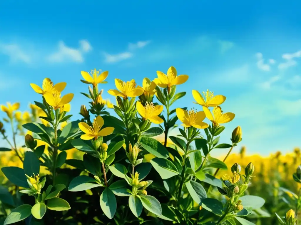 Acuarela serena de hierba de San Juan antidepresiva, flores amarillas brillantes y cielo azul, evoca tranquilidad y belleza natural
