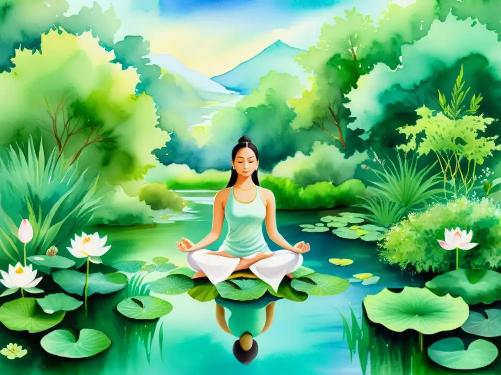 Acuarela serena: meditación entre hierbas, arroyo y colores suaves