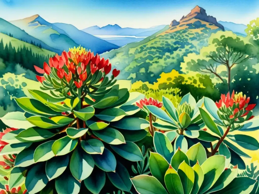 Acuarela serena de paisaje montañoso con rhodiola en flor, reflejando su resistencia al estrés en estudios clínicos