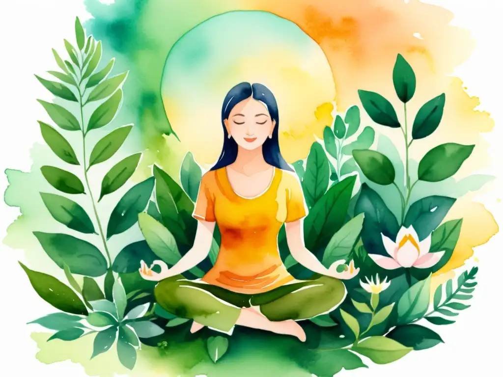 Una ilustración en acuarela serena de una persona meditando entre exuberante vegetación y hierbas ayurvédicas vibrantes