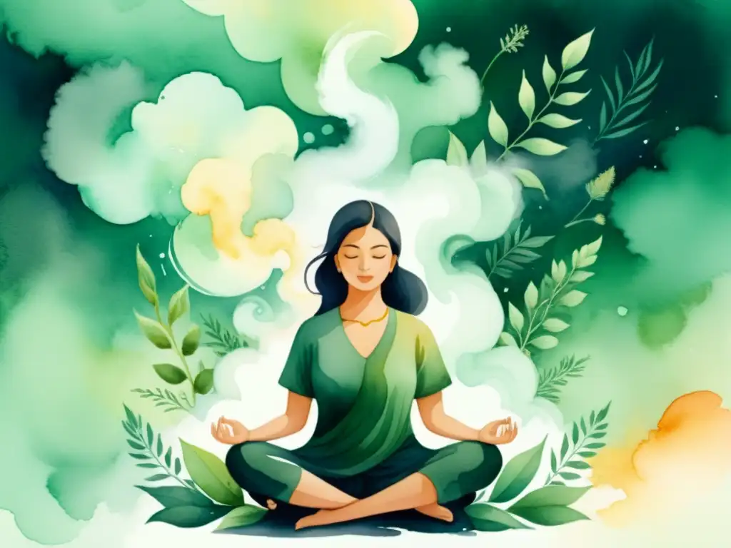 Una ilustración en acuarela serena de una persona meditando entre humo de hierbas sagradas, en un estado contemplativo y tranquilo