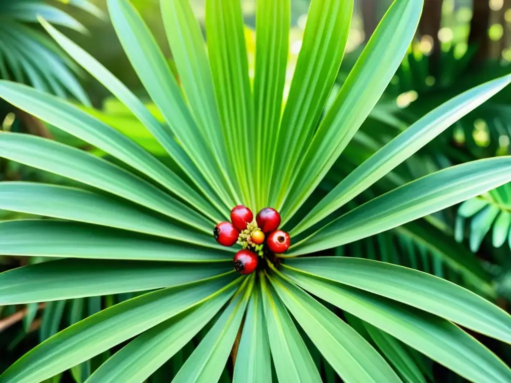 Acuarela serena de una planta de saw palmetto con frondas verdes exuberantes y bayas maduras, en un bosque tranquilo y soleado