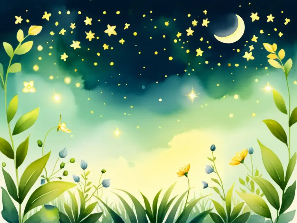 Una ilustración en acuarela serena de un jardín tranquilo iluminado por la luna, con pasifloras en flor y luciérnagas brillantes