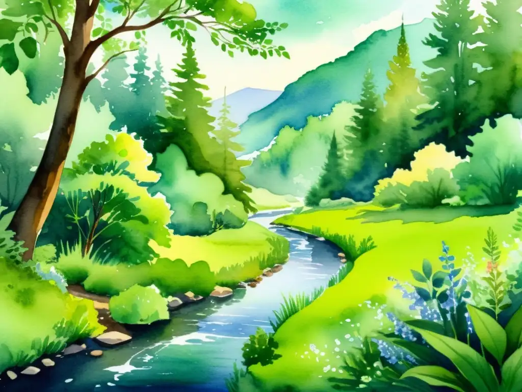 Una ilustración de acuarela de un sereno y exuberante paisaje forestal con un arroyo cristalino serpenteando entre la frondosa vegetación