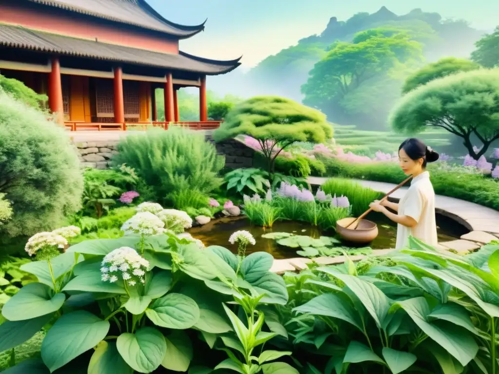 Una ilustración en acuarela de un sereno jardín de hierbas chinas, con exuberante vegetación y delicadas flores de valeriana meciéndose en la brisa