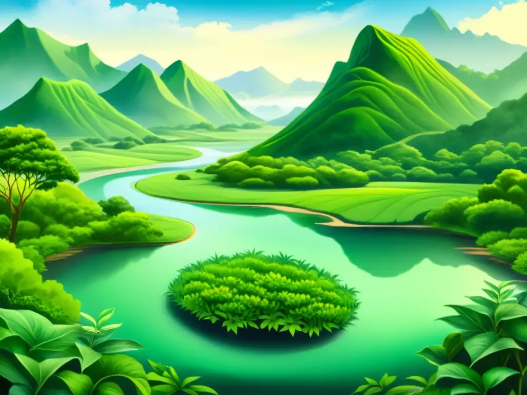 Una ilustración en acuarela tranquila de un exuberante paisaje verde, con un río sereno que fluye en el centro