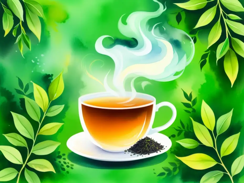 Una ilustración en acuarela tranquila de una taza humeante de té negro rodeada de hojas verdes, con sutiles vapores que se mezclan con la naturaleza