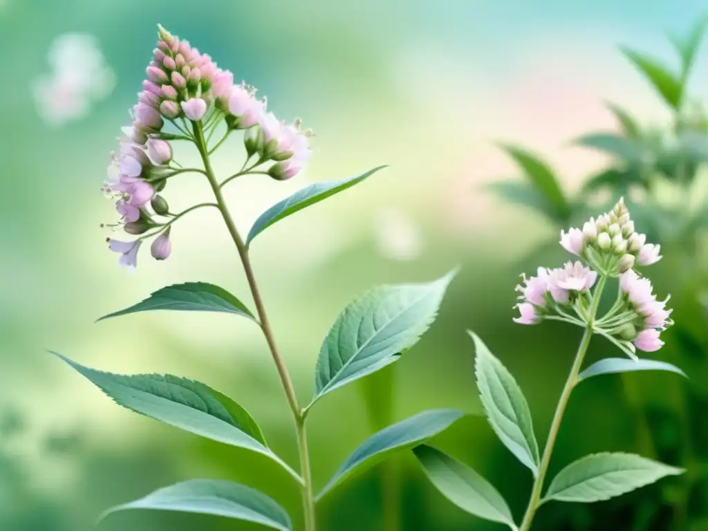 Una ilustración en acuarela de valeriana, con flores rosadas y blancas en un paisaje sereno