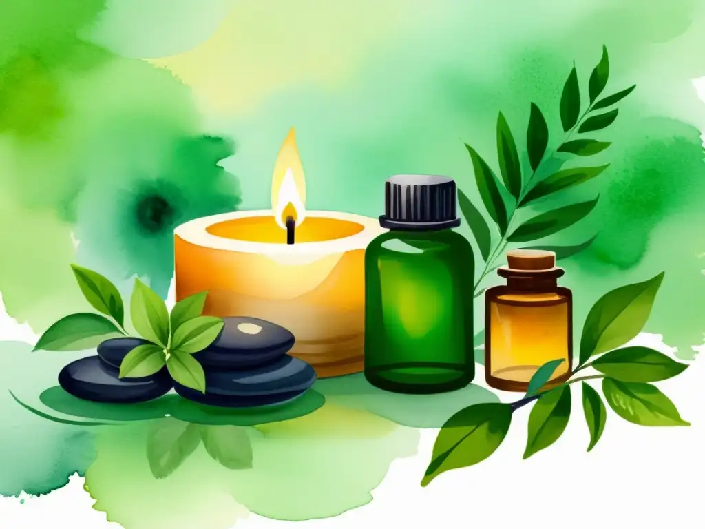 Una ilustración en acuarela vibrante de un ambiente de spa tranquilo con aceites esenciales, luz de velas suave y exuberante vegetación