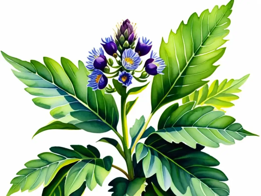 Acuarela vibrante de bardana verde con flores moradas, bañada por luz solar