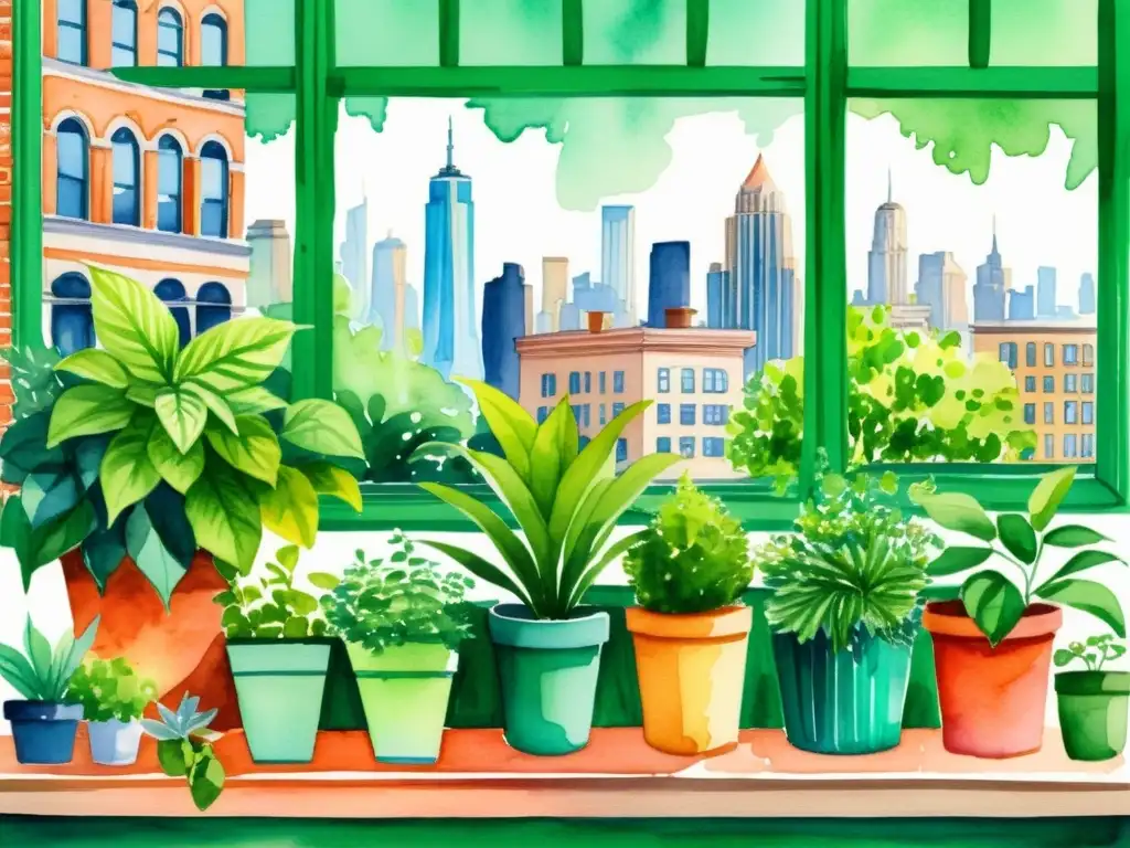 Una ilustración en acuarela vibrante de un bullicioso paisaje urbano, con exuberantes plantas floreciendo en ventanas, macetas y jardines en la azotea