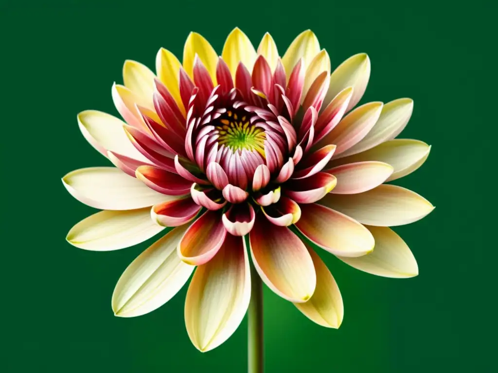 Una ilustración en acuarela de un vibrante crisantemo en plena floración, con pétalos en tonos de carmesí, oro y marfil