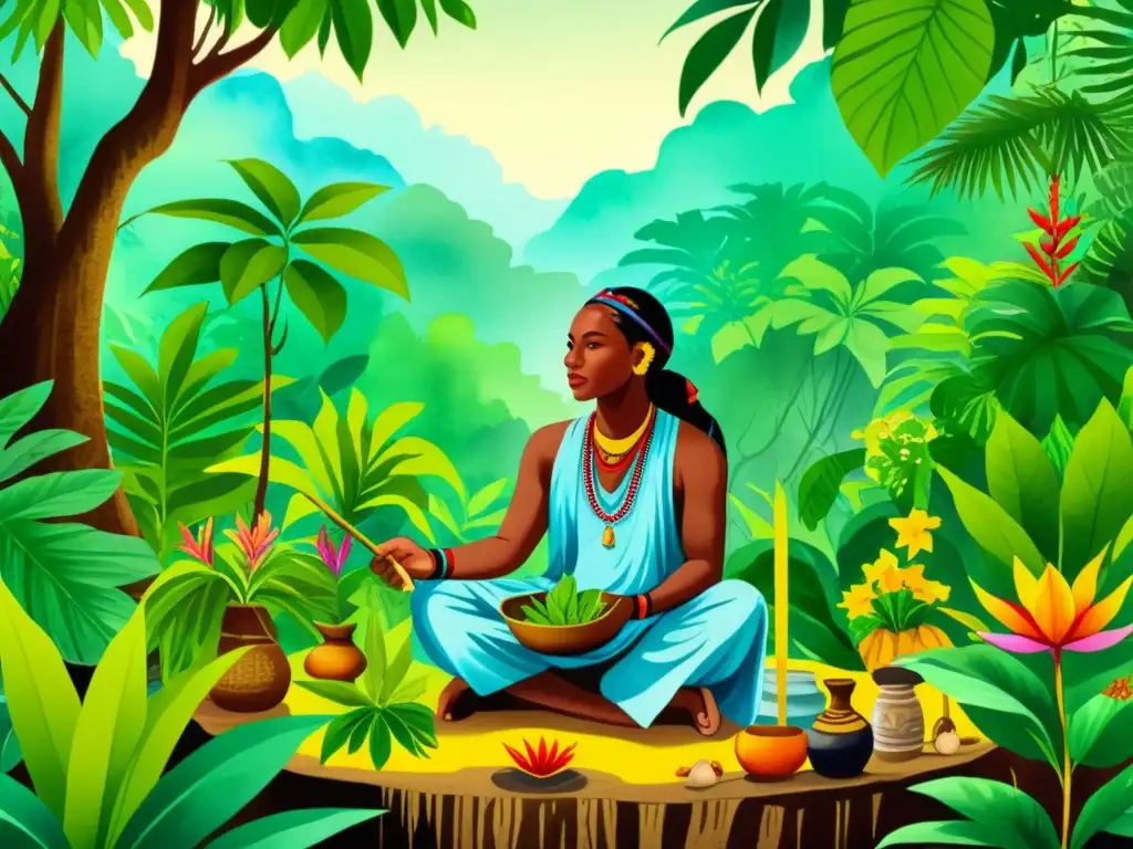 Un ilustración en acuarela vibrante de un curandero tradicional recolectando plantas medicinales en una exuberante selva tropical