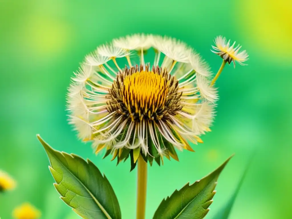 Una ilustración en acuarela vibrante de un diente de león en flor, con pétalos amarillos delicados y hojas verdes, sobre un suave fondo pastel