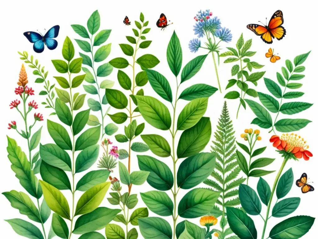 Acuarela vibrante de un jardín diverso con plantas medicinales adaptógenas