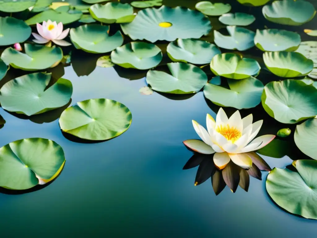 Acuarela vibrante en 8k muestra un estanque sereno con flores de loto en plena floración, iluminadas por la suave luz del atardecer