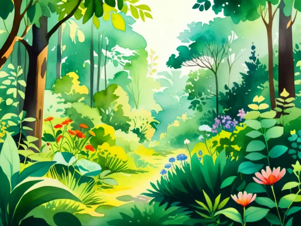 Una ilustración en acuarela vibrante de un exuberante bosque biodiverso lleno de plantas medicinales y flores vibrantes