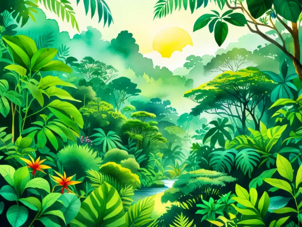 Una ilustración en acuarela vibrante de un exuberante y diverso bosque tropical, con plantas medicinales y vida silvestre