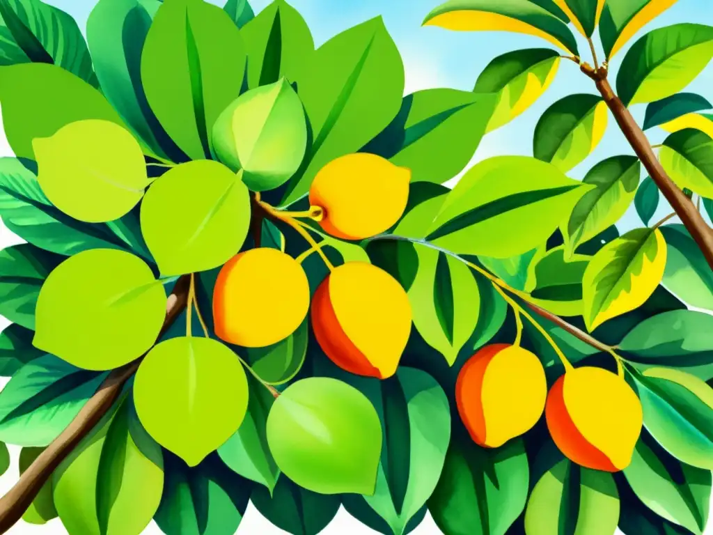 Una ilustración en acuarela vibrante de un exuberante escenario de selva tropical con el árbol de Garcinia Cambogia y su fruto amarillo distintivo