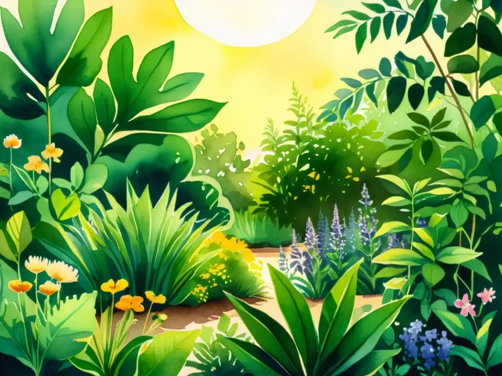 Una ilustración en acuarela vibrante de un exuberante jardín lleno de diversas plantas medicinales, bañado por la cálida luz del sol