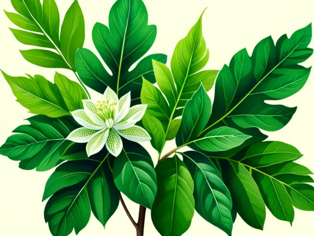 Una ilustración en acuarela vibrante de una exuberante planta de chaya, con detalles intrincados de sus hojas verdes y delicadas flores blancas