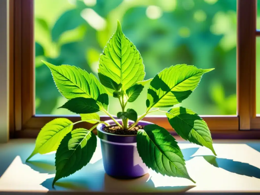 Una ilustración en acuarela vibrante de una exuberante planta de albahaca santa creciendo en una cocina soleada