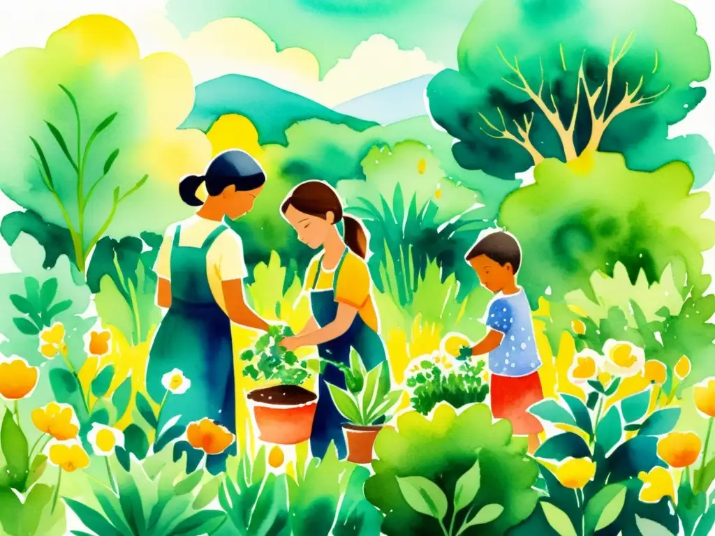 Una ilustración en acuarela vibrante de una familia trabajando juntos en su jardín, cosechando y preparando plantas medicinales