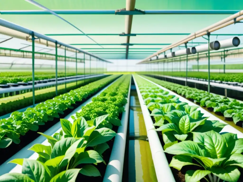 Una ilustración en acuarela vibrante de una granja hidropónica comercial, con plantas exuberantes en filas ordenadas de agua rica en nutrientes