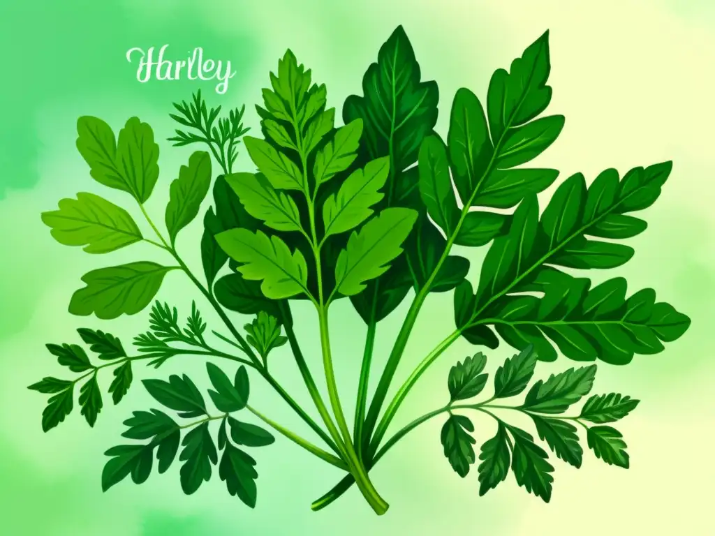 Acuarela vibrante de hierbas alcalinas como perejil, cilantro, albahaca y eneldo