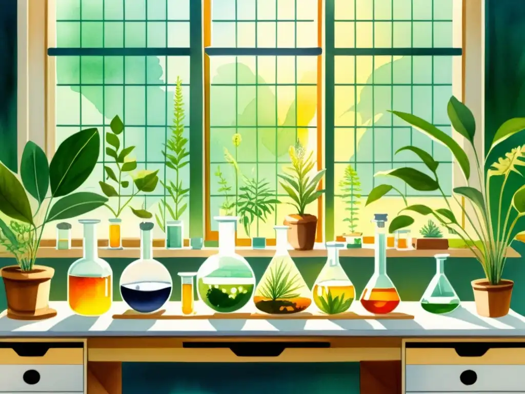 Una ilustración en acuarela vibrante de un laboratorio con especímenes de plantas y equipo científico