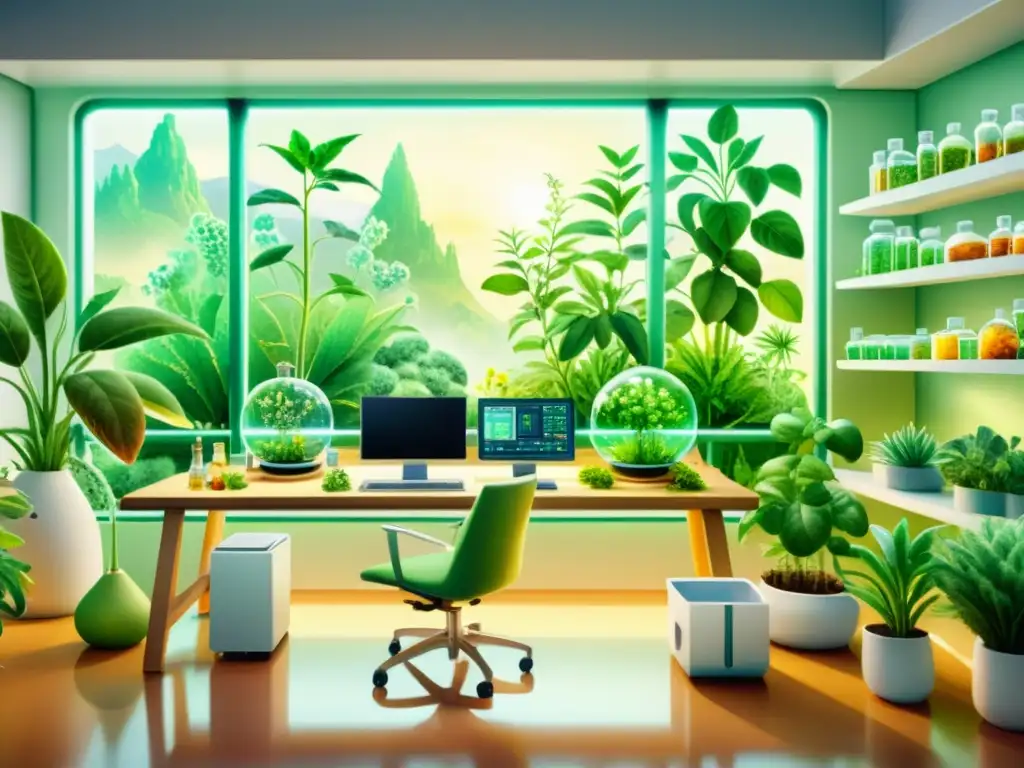 Acuarela vibrante de laboratorio futurista con fitoquímica computacional en fitoterapéuticos, luz cálida y naturaleza exuberante