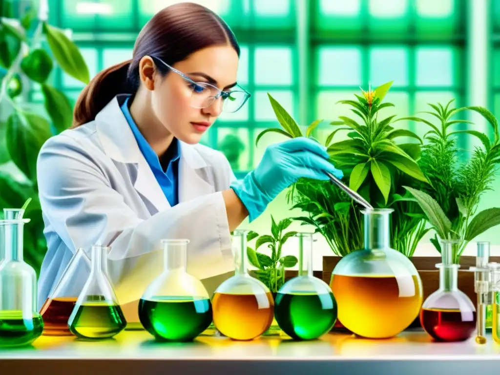 Una ilustración en acuarela vibrante de un laboratorio con instrumental científico y detallada extracción de principios activos de plantas medicinales