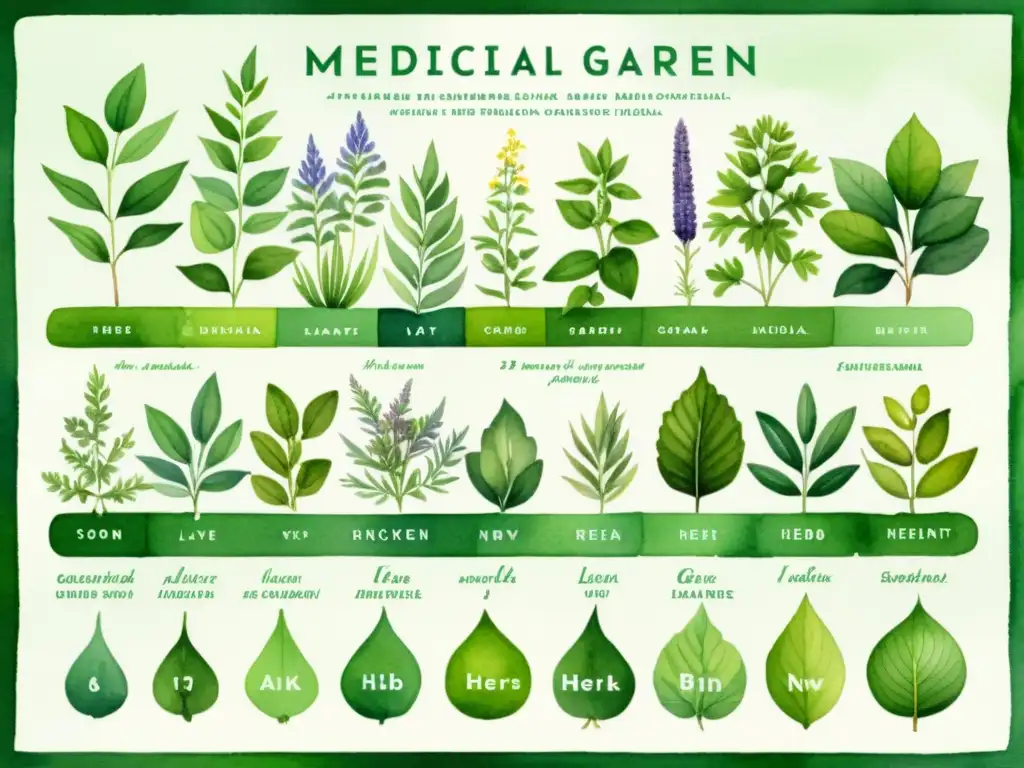 Una ilustración en acuarela vibrante de un jardín medicinal meticulosamente organizado, con etiquetas detalladas en las plantas