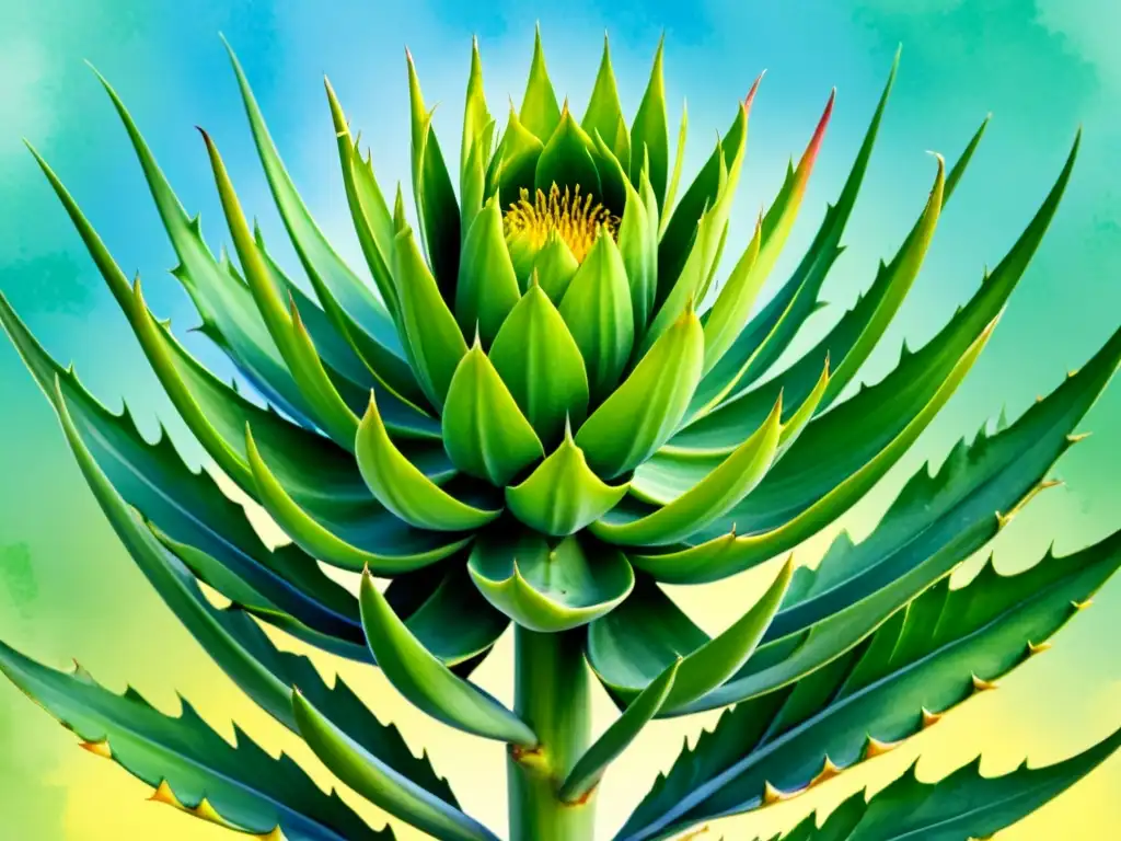 Una ilustración en acuarela vibrante de una planta madura de Aloe Vera, con hojas carnosas dispuestas en un patrón de roseta