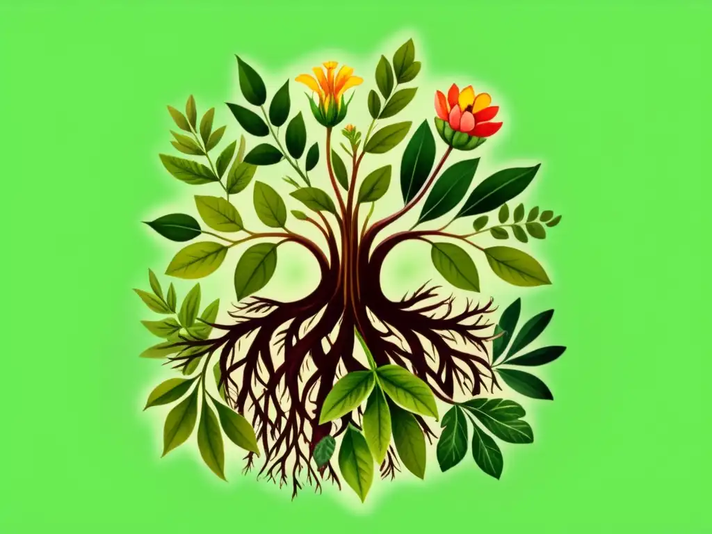 Una ilustración en acuarela vibrante de una planta medicinal saludable con hojas exuberantes y flores vibrantes, mostrando un sistema radicular fuerte y sano