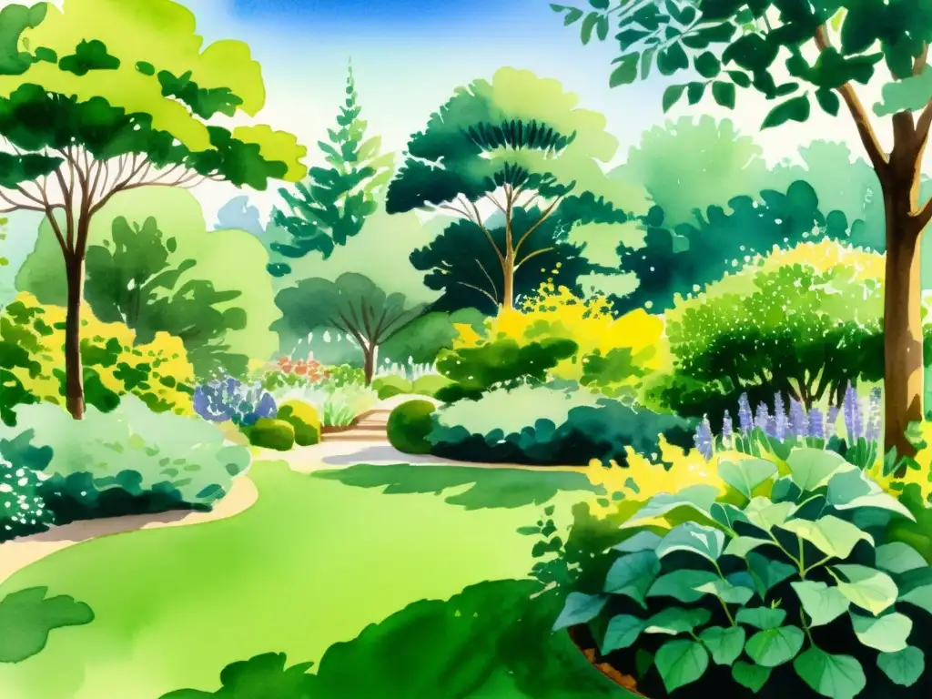 Acuarela vibrante de jardín botánico con plantas medicinales para mejorar concentración, exuberante y sereno