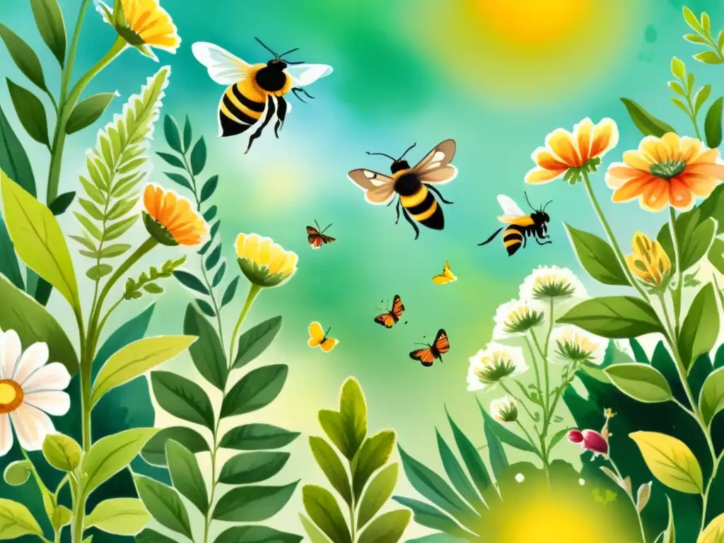 Una ilustración en acuarela de un jardín vibrante con plantas medicinales, abejas y mariposas