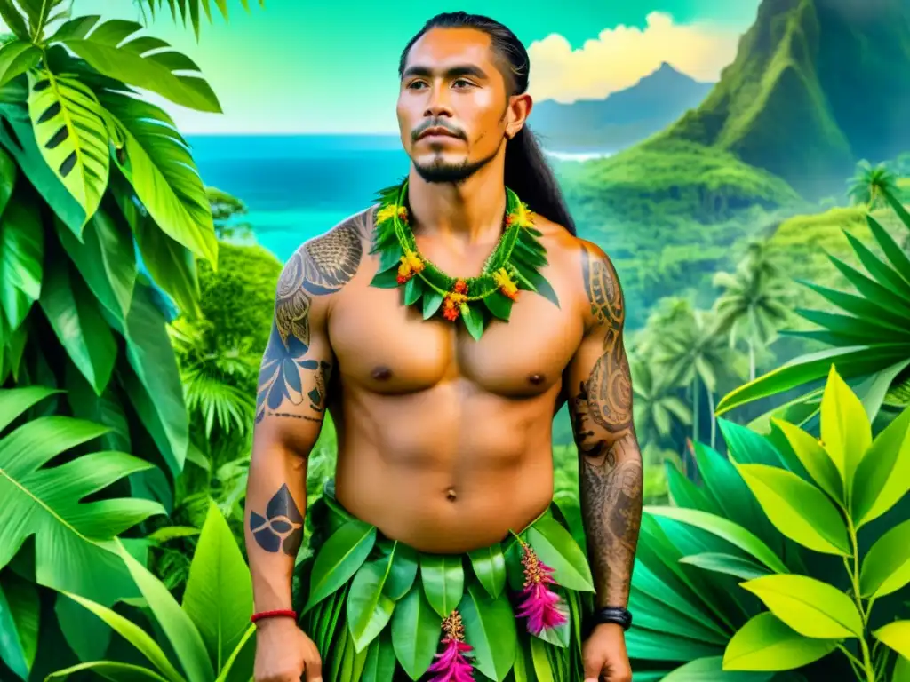 Un ilustración en acuarela vibrante de un sanador tradicional polinesio recolectando plantas medicinales en un exuberante bosque tropical