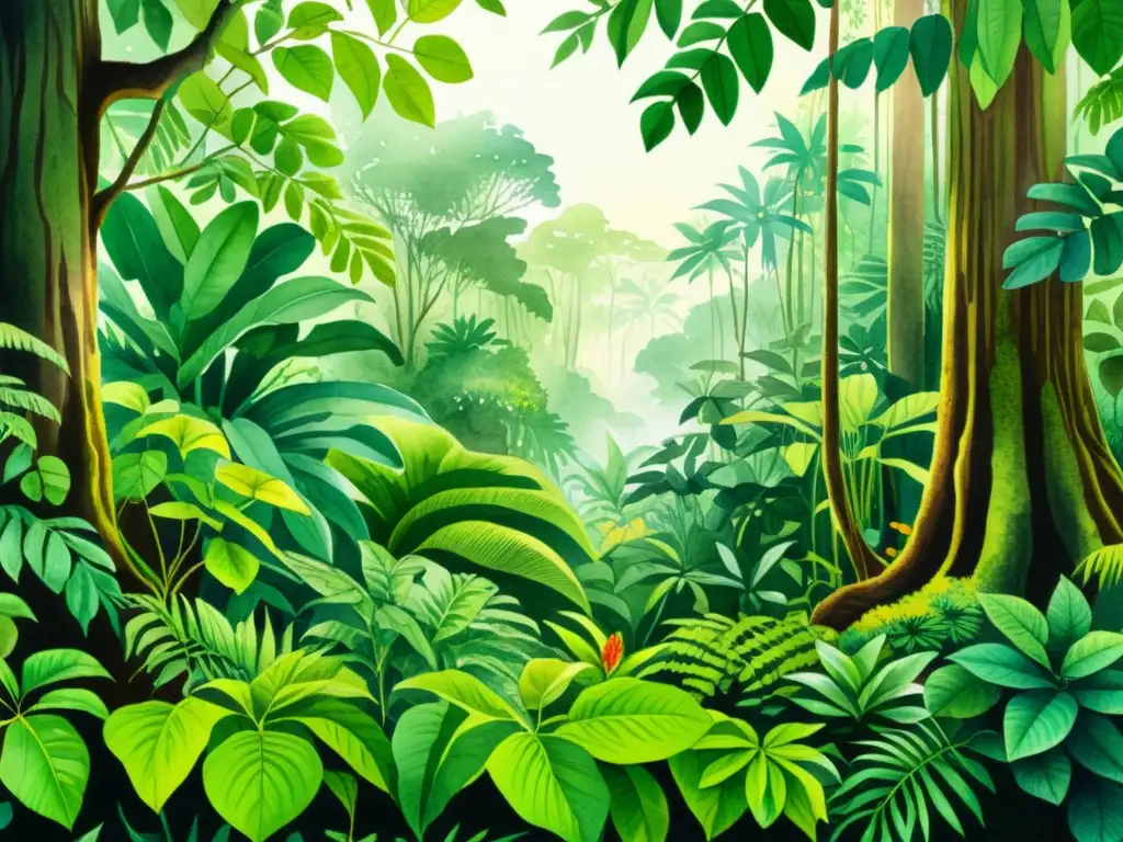 Una ilustración acuarelada detallada de una exuberante selva tropical, con plantas medicinales