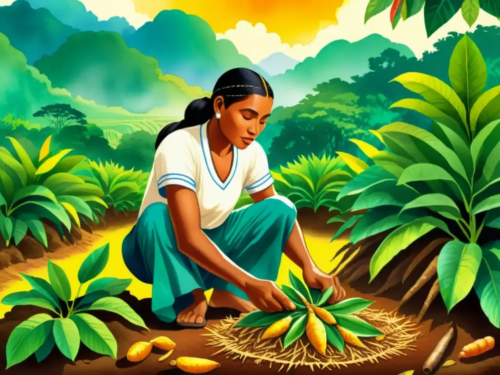 Un agricultor taino cosecha raíces de jengibre, rodeado de exuberante vegetación tropical, evocando sabiduría ancestral y abundancia natural