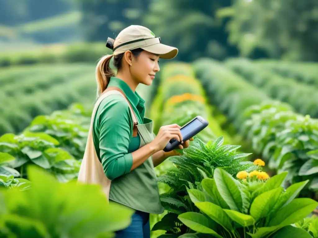 Un agricultor monitorea en tiempo real plantas medicinales con un dispositivo, mientras baña en luz cálida esta escena serena y vibrante