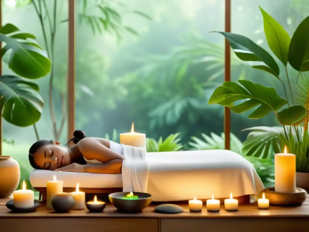 Un ambiente sereno de spa con masaje aromaterapéutico rodeado de naturaleza