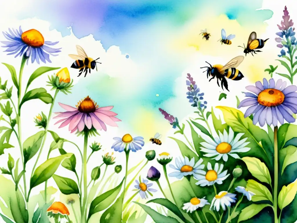 Un jardín amigable para polinizadores medicinales: ilustración acuarela vibrante con plantas coloridas, abejas y mariposas