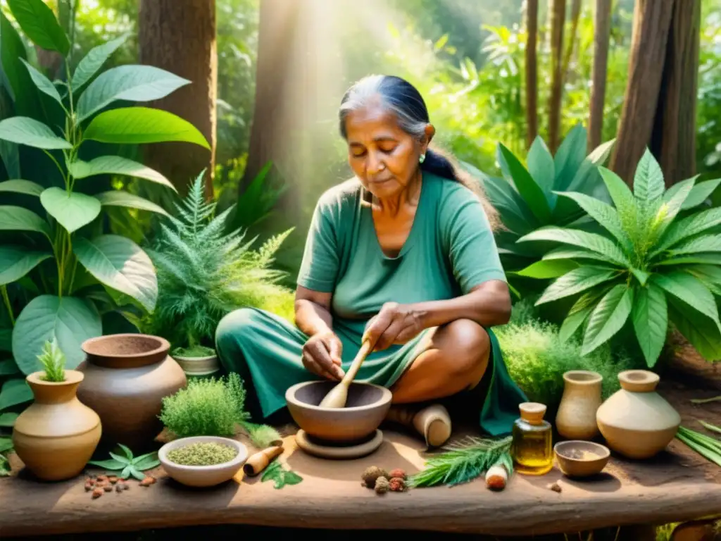 Una anciana curandera indígena prepara un remedio herbal en el bosque, rodeada de plantas medicinales