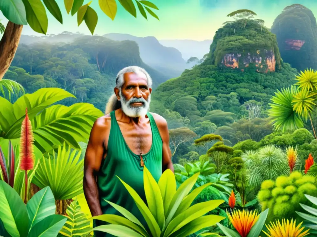 Un anciano aborigen australiano recolecta hierbas en la exuberante selva lluviosa